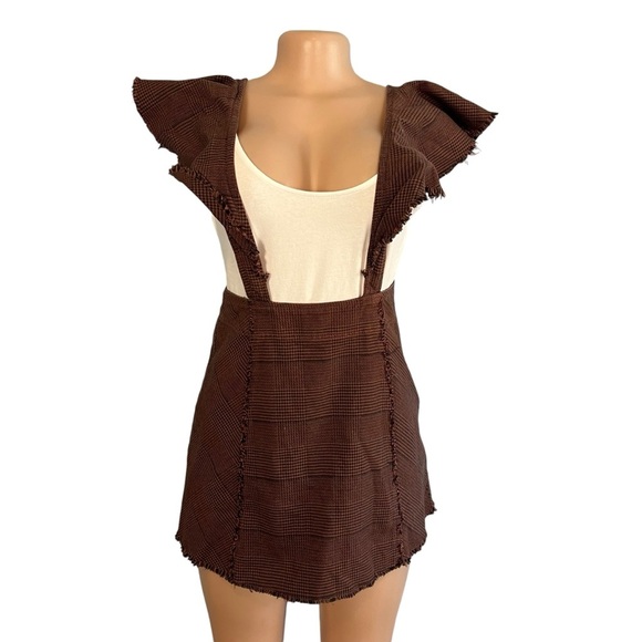 Free People Rowan Plaid Pinafore Skirt Brown - Picture 4 of 9